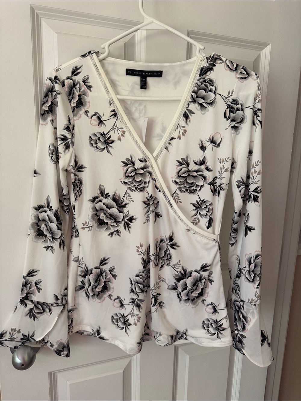 White House Black Market White Floral Wrap-Style Long Sleeve Top